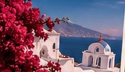 Santorini — Bougainvillea, sun-warmed stone and blue horizons.
