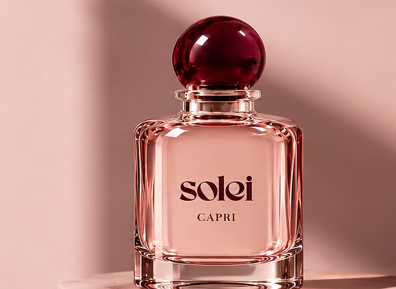 Capri Perfume on a blush stone shelf