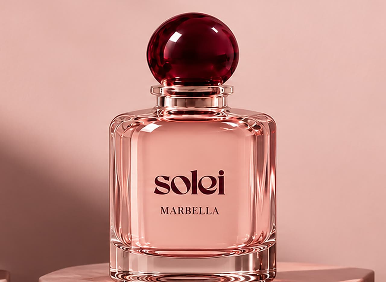Marbella Perfume on a blush stone shelf