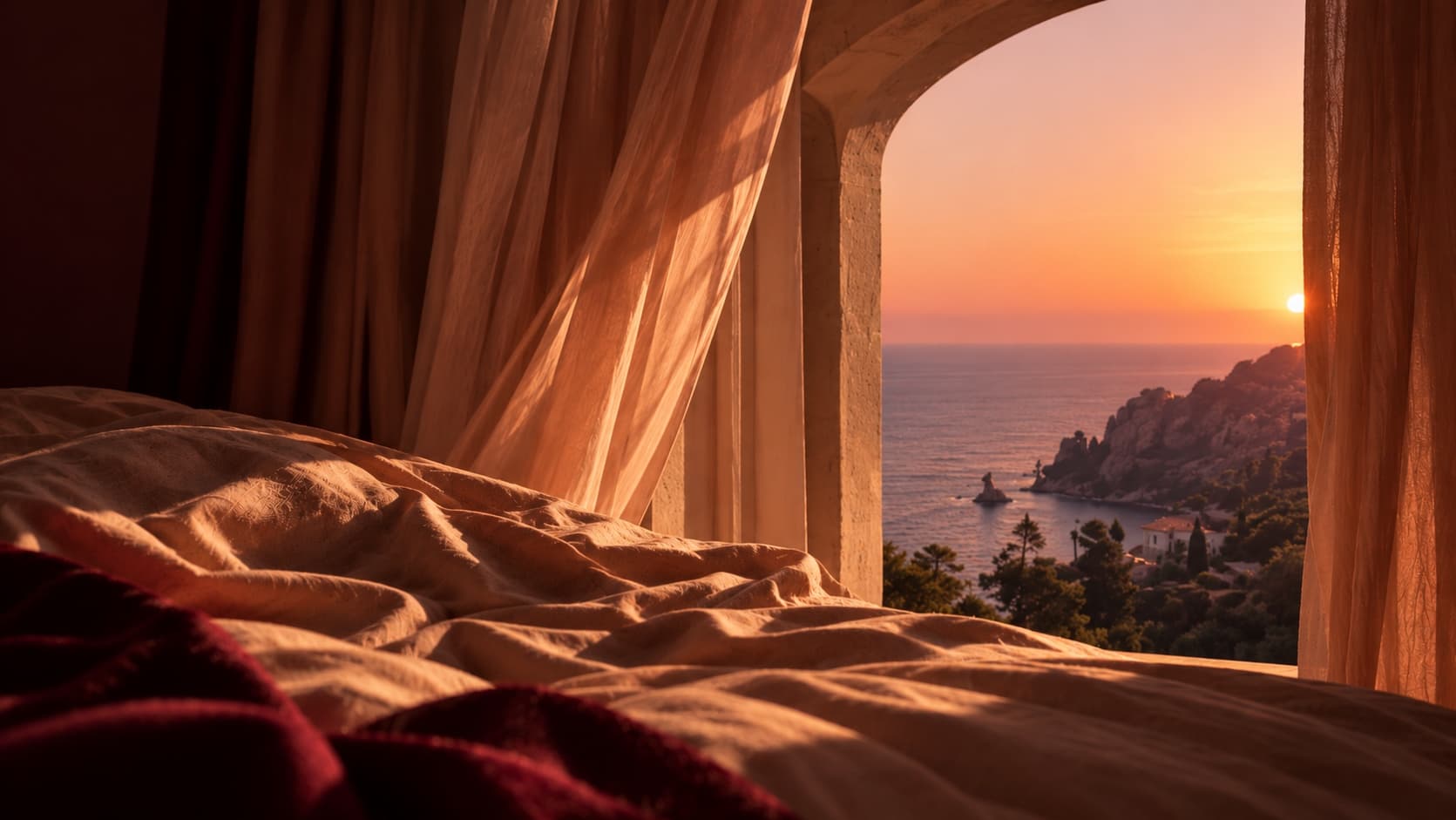 Sunset over a rocky coastline seen from a room with billowing linen curtains